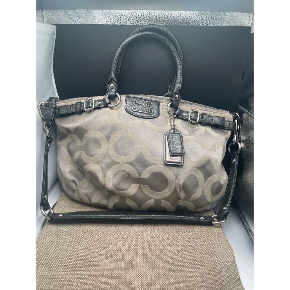 Coach Ashley Signature Satchel Khaki & Black Trim Plum Interior - Picture 2 of 12